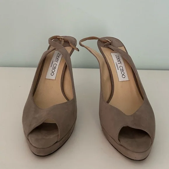 Like new Jimmy Choo Taupe Suede Slingback Peep-Toe Heels - Picture 3 of 8